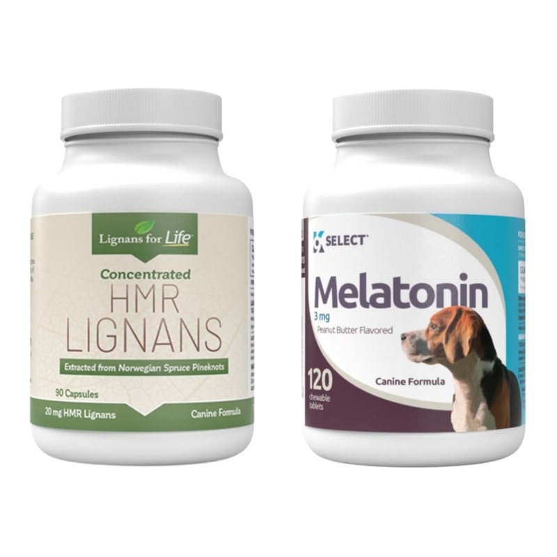 Lignans for Life & K9 Select Pet Care Bundle – HMR Lignans 20mg, 90 Capsules – Melatonin & 3mg, 120 Peanut Butter Flavored Tablets – Multivitamin Dog Wellness Supplement Treats – Medium Size Dog Breed