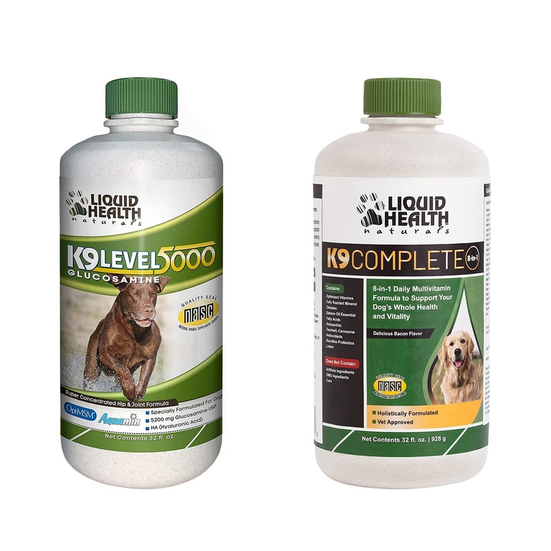 LIQUIDHEALTH Pets K9 Level 5000 Glucosamine Chondroitin Hip & Joint Formula & K9 Complete 8-in-1 Multivitamin for Dogs & Puppies – Pet Supplement Bundle for Joint Health, Mobility, Immune Support