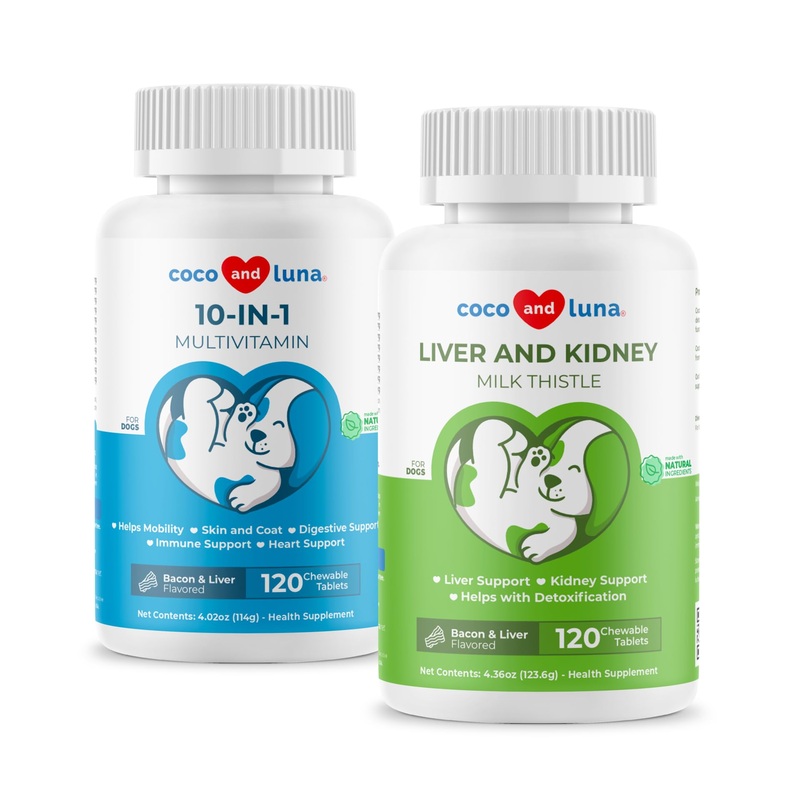 Milk Thistle + 10 in 1 Multivitamin for Dogs – Liver Support, Skin and Coat Health, Digestive Health, Hip and Joint Support and Heart Health.