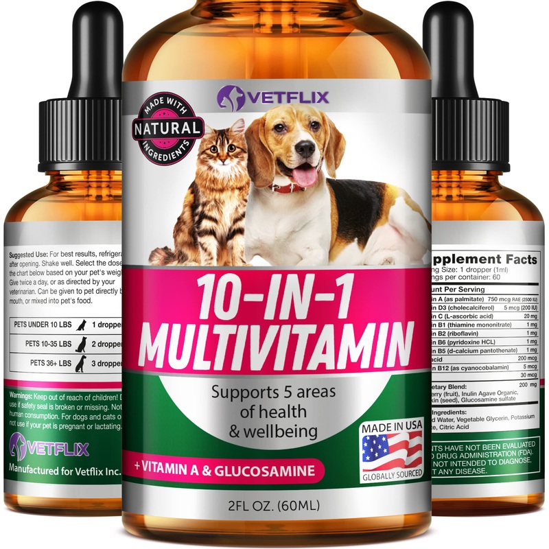 Pet Vitamins 10-in-1 Made in USA – Natural Glucosamine for Dogs & Cats, Essential Multivitamin Blend for Pet Joint Health, Longevity, Gut & Immune Health – All Ages, Breeds and Sizes 2 fl oz