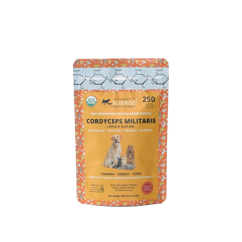 PURE CORDYCEPS M >25% -glucans,100% Mushrooms Fruiting Bodies 8-12:1 Extract for Dogs & Cats Stamina, Energy & Tonic. Anti inflammatory. Immune, Brain, Kidney, Liver health. 250 SERVINGS for 25lb pet