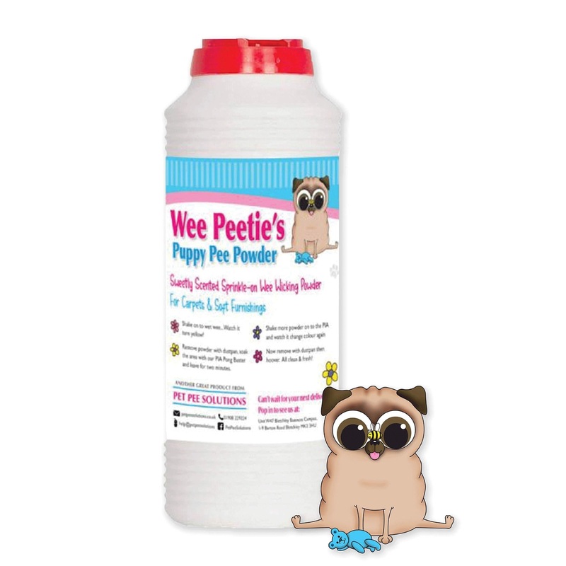 Wee Peeties Pee Powder for Pet Urine Vomit and Poo. Removes Liquid from Carpets Upholstery Sofa and Mattress. Prevents growth of Bacteria and stops Smell and Odour from Dog Puppy and Cat Accidents