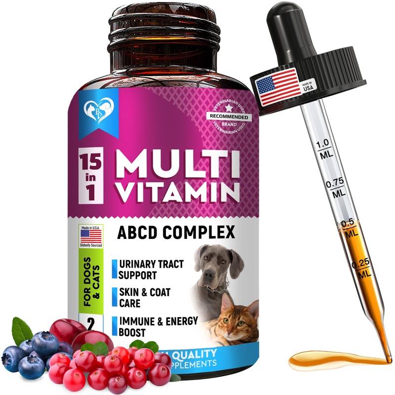 Cat & Dog Multivitamin Liquid with Glucosamine & Cranberry | 15 in 1 Health Supplements for Urinary Tract Kidney, Bladder, Hip & Joint, Skin & Coat | Natural UTI Medicine Made in USA (60 ml) 60 ml