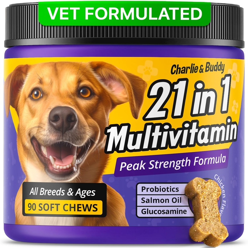 Charlie & Buddy Dog Multivitamin 21 in 1 – Dog Vitamins and Supplements with Vitamin C Multivitamin for Dogs – Chicken Flavour Dog Vitamins Soft Chews – 90ct