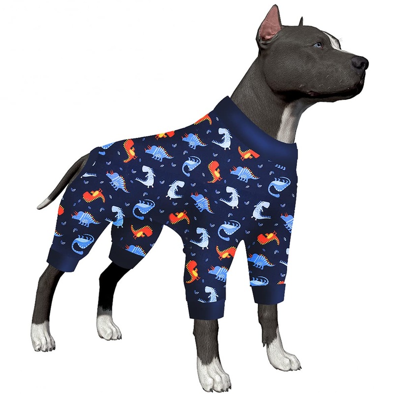 LovinPet Pitbull Pet Onesie, Comfy Lightweight Stretchy Fabric, Blue Dinosaurs Print, Sun Protection, Pet Anxiety Relief Shirt, Easy to Wear Dog Costume for Party,Blue White XXL XX-Large