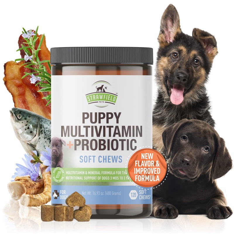Strawfield Pets’ Puppy Multivitamin + Probiotics for Dogs Puppy Vitamins with Joint Support Supplement for Dogs & Puppies Tasty Bacon Flavor 120 Soft Chews Delicious Bacon