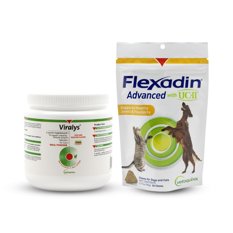 Vetoquinol Viralys Powder L-Lysine Supplement for Cats, 100g and Flexadin Advanced Hip and Joint Supplement for Dogs and Cats Bundle