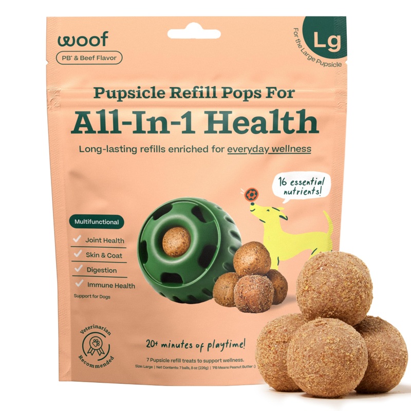 WOOF Pupsicle Refill Pops for All-in-1 Health – Long-Lasting Multivitamin Refills for The Pupsicle Toy – with Vitamins A, B, D, Iron, Magnesium, and Fiber – Large Pops – 7 Count