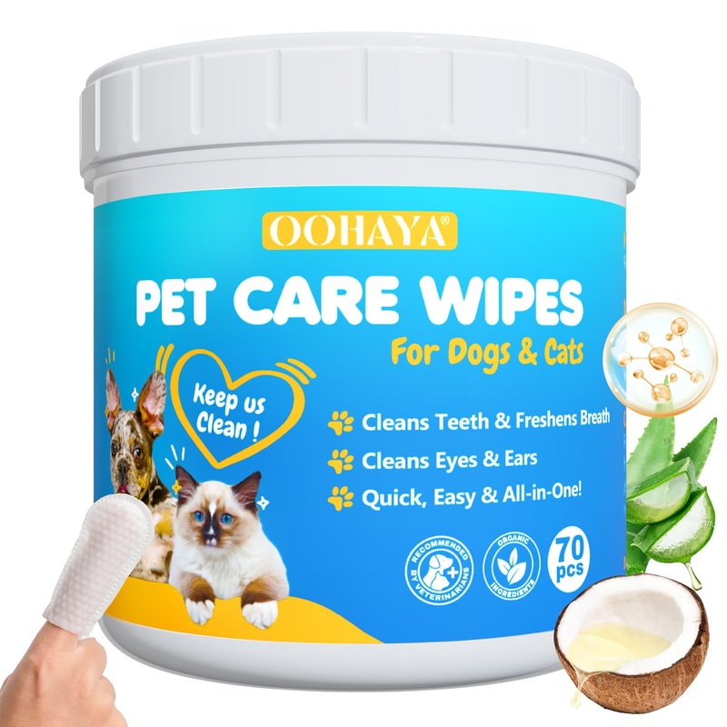 3-in-1 No-Rinse Pet Dental Finger Wipes, 70 Count  Dog Teeth Cleaning Wipes to Remove Plaque & Tartar, Freshens Breath  Eyes & Ear Cleaning for Dogs & Cats, Relieves Itching & Inflammation 70 Pcs