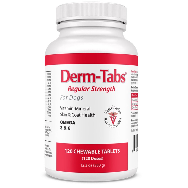 Derm Tabs Regular Strength for Dogs – Natural Oil, Vitamins, Minerals, and Antioxidants – Support Healthy Skin and Reduce Shedding – 120 Chewable Tablets