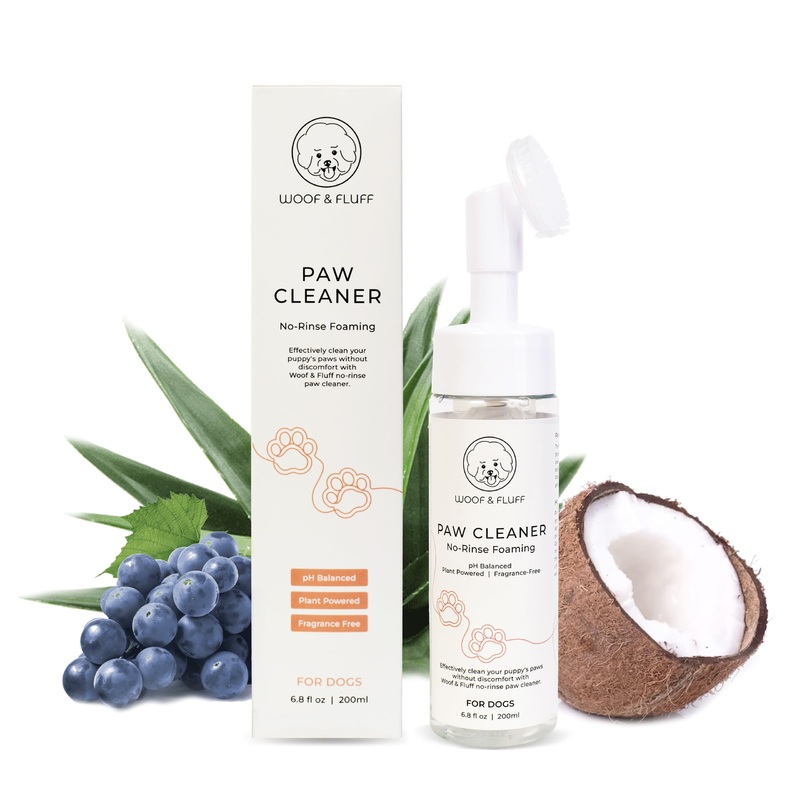 Woof & Fluff Clean Paws | No-Rinse Foaming Cleanser | Plant Powered, pH Balanced, and Gentle for Deep Washing | Dog Paw Cleaner with Soft Silicone Brush (6.8 Fl Oz)
