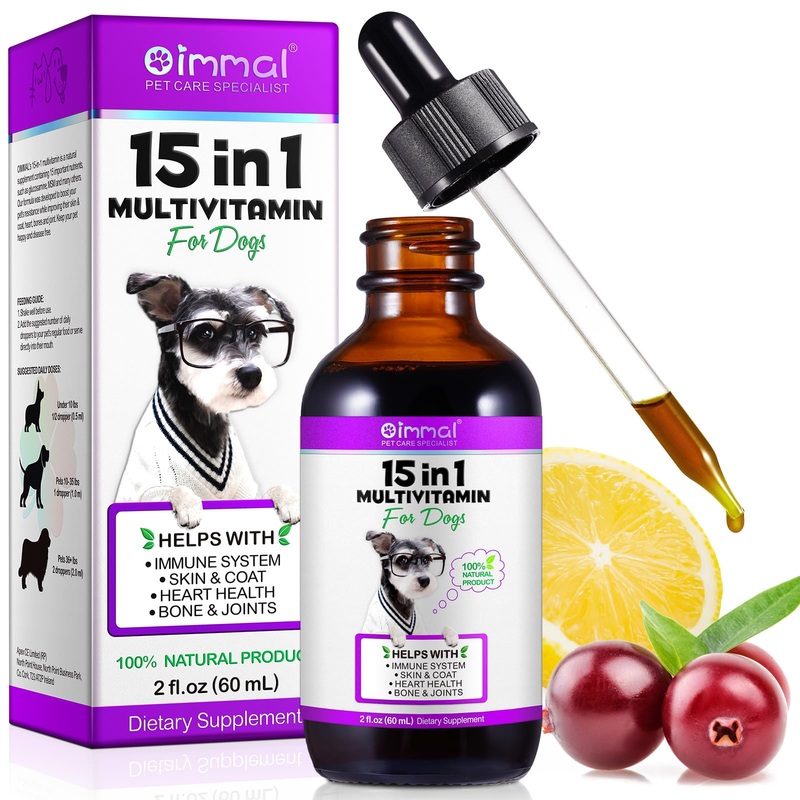 15 in 1 Dog Multivitamin Drops for Dogs – Dog Vitamins & Supplements Natural Dog Multivitamins and Minerals – Glucosamine, MSM for Skin & Coat, Heart Health, Bones, Joint, Immune System Support 15 in 1 Dog Multivitamin