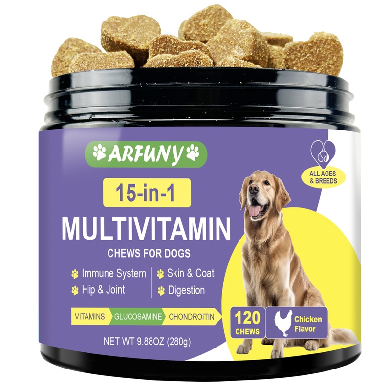 15 in 1 Dog Multivitamin Supplement – Dog Vitamins for Immune System, Digestion, Hip & Joint, Skin & Coat – with Essential Vitamins, Glucosamine & Chondroitin – Chicken Flavor, 120 Chews