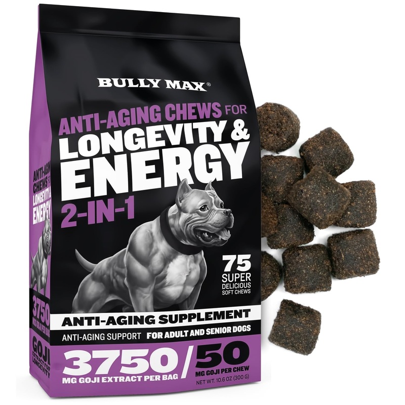 Bully Max 2-in-1 Anti-Aging Multivitamin Chews – Senior Dog Food Supplement for Vitality, Immunity, Joint Support with Postbiotics – Adult Dog Vitamins for Small & Large Breeds – 75 Tasty Soft Chews 1 Pack