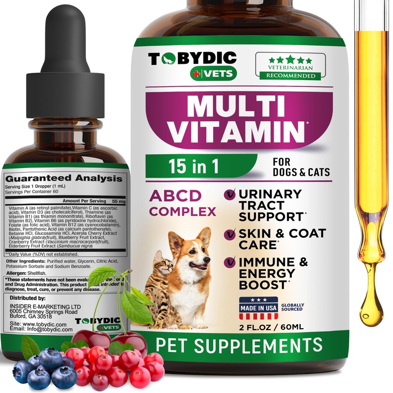 Cat & Dog Multivitamin -15 in 1 Pet Supplements with Cranberry & Glucosamine – Natural Medicine & Support for UTI, Urinary Tract, Bladder, Kidney, Skin Coat, Joints Treatment Made in USA