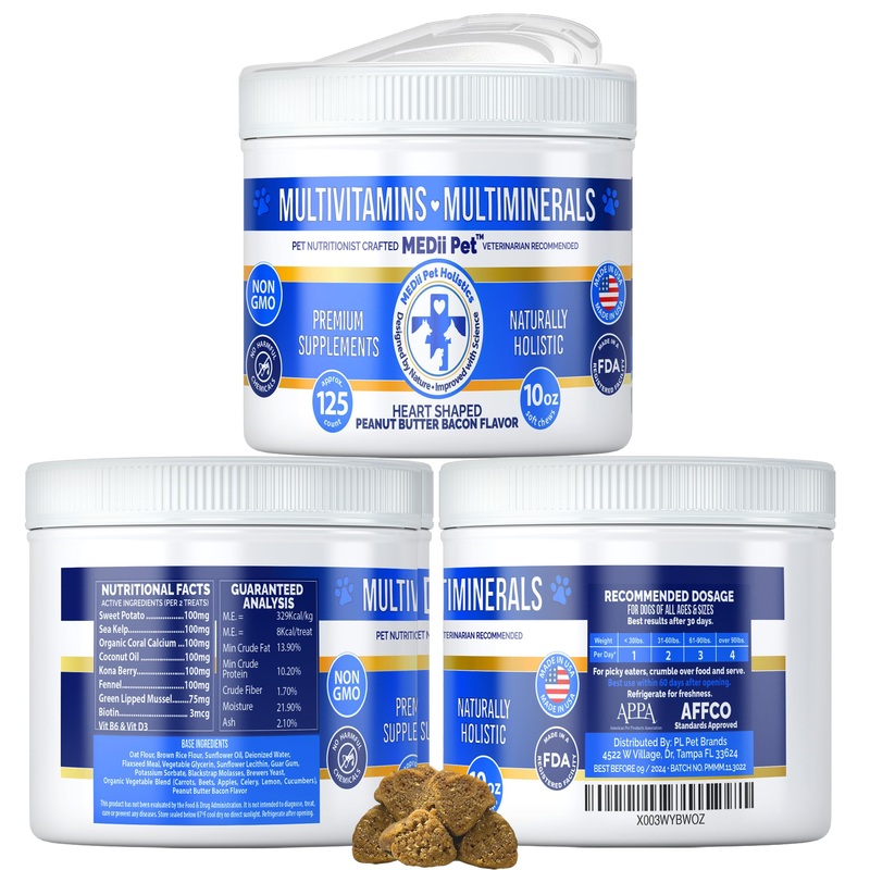 Dog Multi Vitamins + 74 Organic Minerals. Super Natural Overall Health Builder: Metabolism, Cardiac, Eyes, & Joints, Bones. Spirulina, Vitamin B1, B3, & B12,125 ct/10 oz. Low Calories