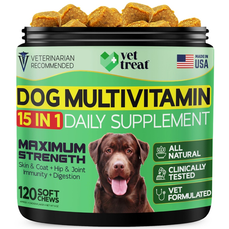 Dog Multivitamin Chewable with Glucosamine -Made in USA- Puppy & Senior Supplement – 120 Treats – Dog Vitamins and Supplements – Skin, Heart, Immunity, Hip & Joint Support + Salmon Oil + Probiotics