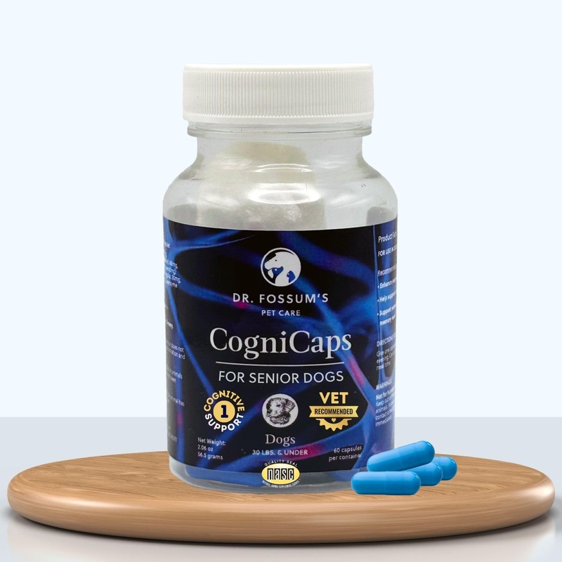 Dr. Fossum’s CogniCaps Dog Cognitive Supplement  Multivitamin for Dogs Brain Health with SAM-e, Coenzyme Q10, Polygala, Curcumin  Senior Dog Supplements for Cognitive Support 30 lbs & under