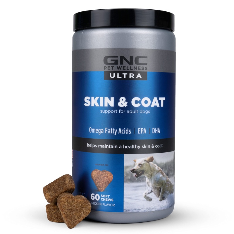 GNC Pets ULTRA Skin & Coat Soft Chews, All Dogs, Chicken Flavor. 60-ct in a 16-oz Canister | Daily Supplement for Skin & Coat for Dogs in Chewable Chicken Flavor 60 Count