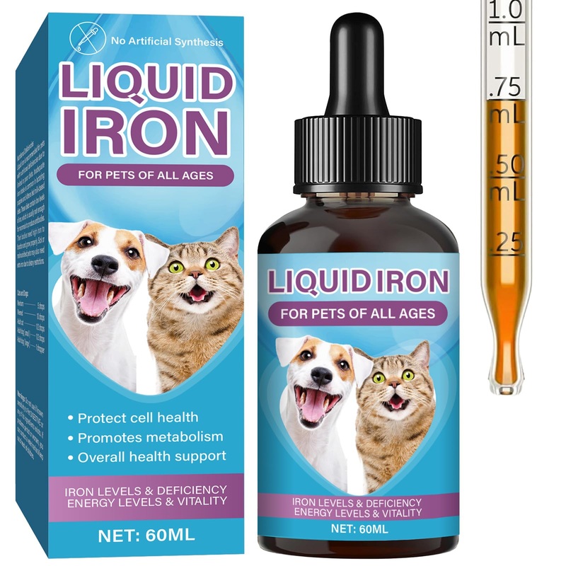 Liquid Iron Supplements for Cats & Dogs, Liquid Iron Drops with Vitamin C and B12, Supports Anemia, Low Enery Levels & Lethargy, Caramel Flavor – for All Ages, 2 Fl oz