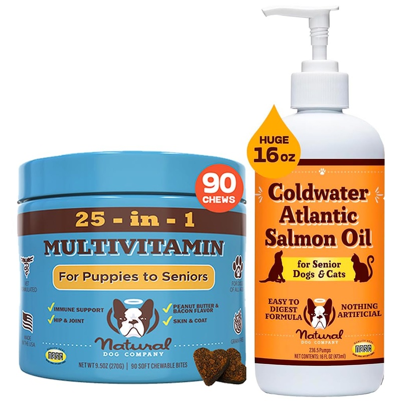 Natural Dog Company Multivitamin Chews & Coldwater Atlantic Salmon Oil Bundle  Advanced Immune Support, Joint Care, and Cognitive Health for Senior Dogs  Perfect Daily Supplement, 90 Chews + 16oz Oi