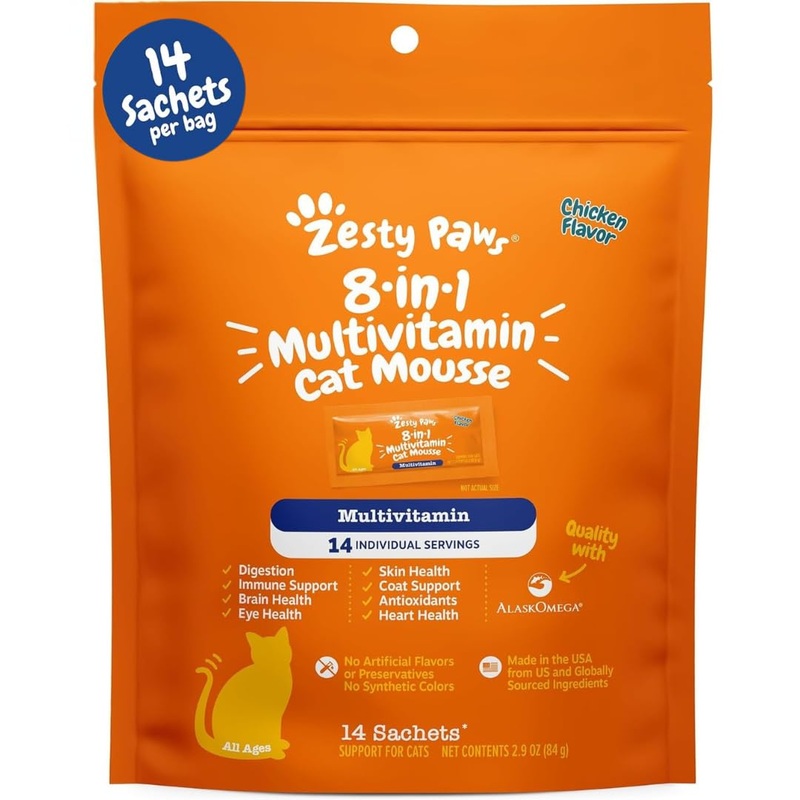 Zesty Paws 8-in-1 Multivitamin Cat Treats Lickables Mousse for Cats – Healthy Cat Treats for Indoor Cats – Cat Squeeze Up Daily Multivitamin for Gut, Immune, Heart, Skin & Coat Support – Chicken 14ct
