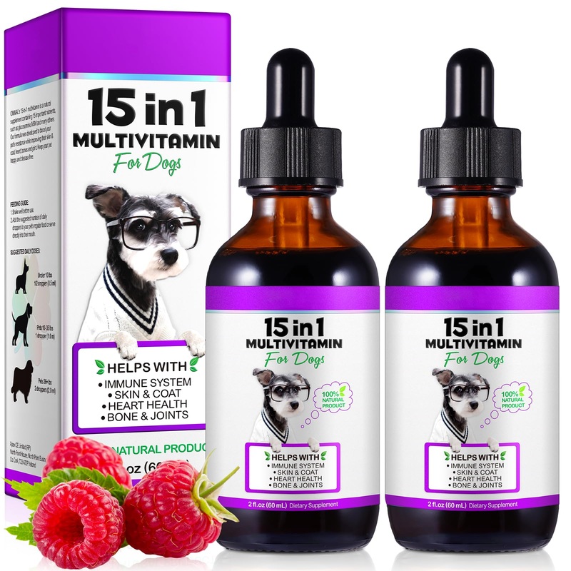 Dog Multivitamin,15 in 1 Dog Multivitamin Liquid Drops Supplements, Dog Vitamins for Heart Health, Bones, Joint, Skin & Coat, Bladder, Immune System Support 60ml-2pcs 2PCS