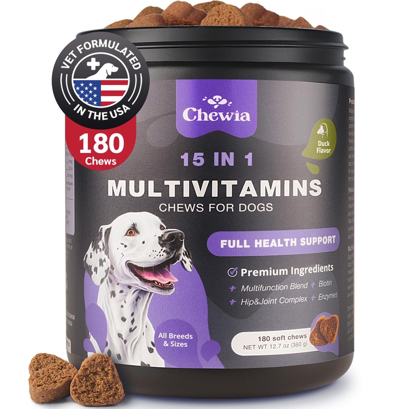 Dog Vitamins 15 in 1 – Dog Multivitamin Chews with MSM for Hip & Joint Health – Dog Supplement for Itchy Skin Relief – Multivitamin for Dogs Immune Support with Enzymes – Skin & Coat, Mobility Support 180 count