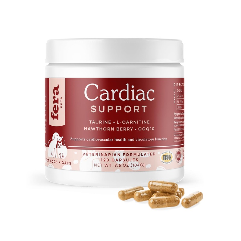 Fera Pets Cardiac Supplement for Dogs & Cats  120 Capsules – Vet Created -Cardiovascular Function & Strength-Taurine, CoQ10, Organic Hawthorne Berry