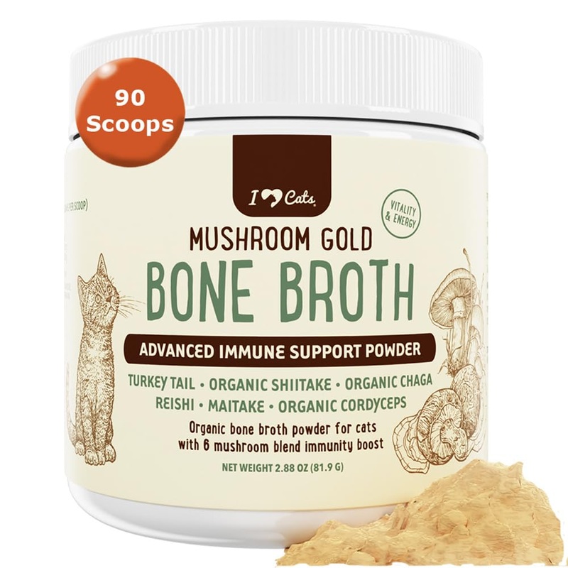 iHeartCats Bone Broth for Cats – Bone Broth & Mushroom Gold Powder Supplement for Immune System Support, Improved Mobility & Flexibility and Natural Detox – Turkey Tail Mushroom for Cats