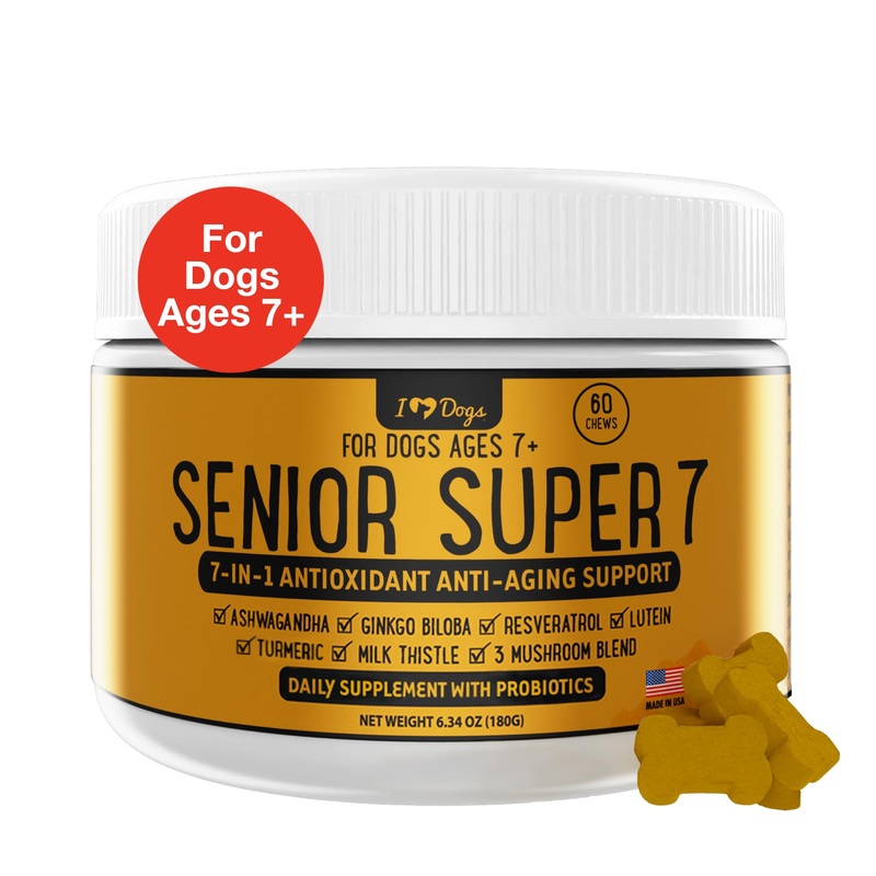 iHeartDogs Senior Super 7 Daily Dog Multivitamin – 7-in-1 Vitamin for Dogs Supports Anti-Aging with Antioxidants, Probiotics, Lion’s Mane, Turkey Tail, & Ashwagandha for Longevity & Cognitive Boost
