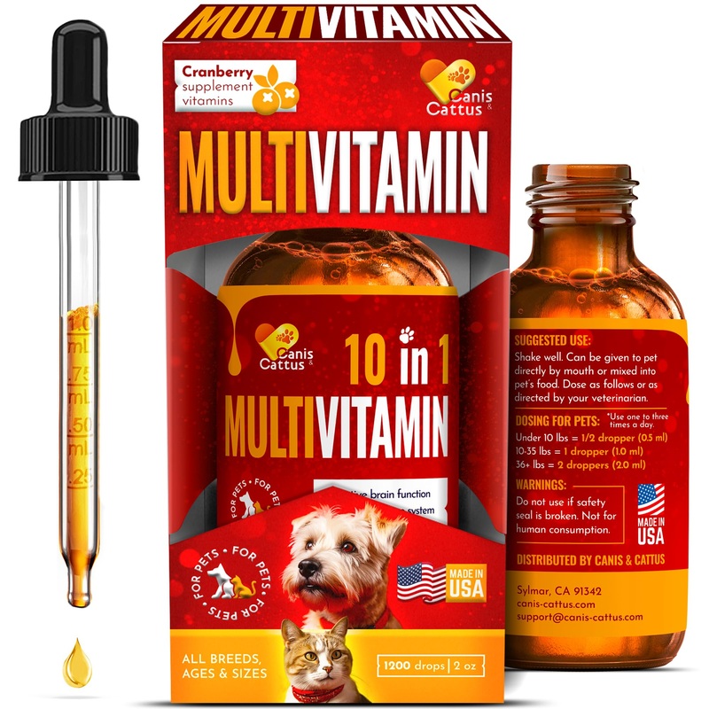 Liquid Multivitamin for Dogs | Multivitamin for Cats | 10-in-1 Cat Vitamin Complex + Glucosamine & Cranberry | HIPS & Joints | Skin & Coat | Help with Allergies, Coughs & UTIs | 2 oz