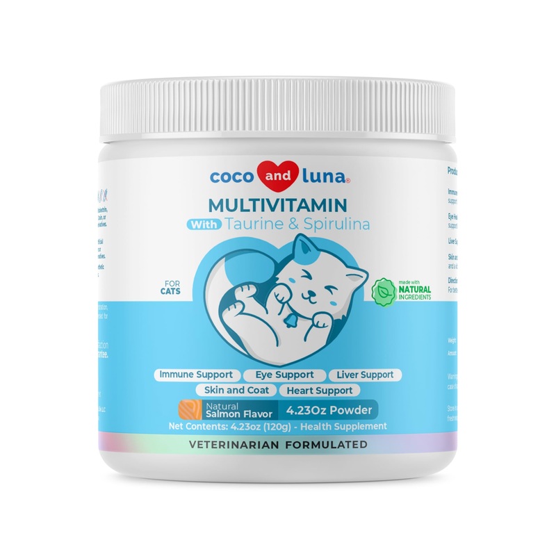 Multivitamin for Cats – 4oz Powder – L-Lysine, Taurine, and Spirulina for Immune Support and Eye Health – Fish Oil & Vitamins for Skin and Heart Health. (for Cats)