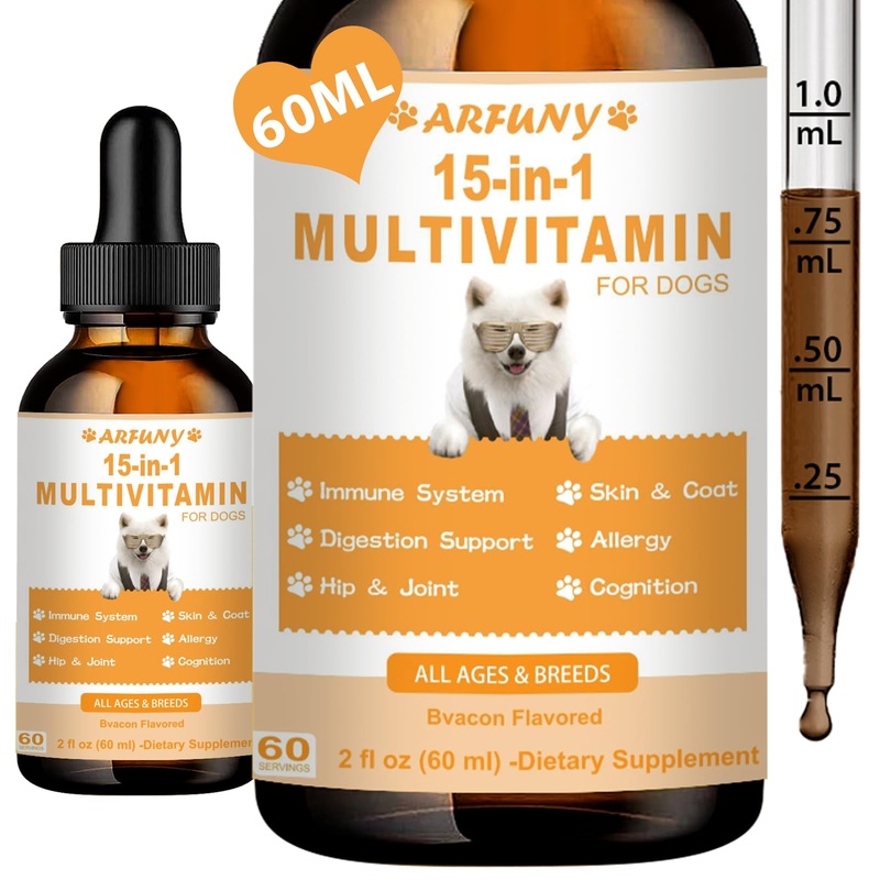 15 in 1 Multivitamin for Dogs | 60ML Dog Multivitamin Liquid Support Joint, Gut & Immune Health | Dog Liquid Vitamins for Digestion, Heart, Skin & Coat | Vitamin Supplements for Dogs | Bacon Flavor