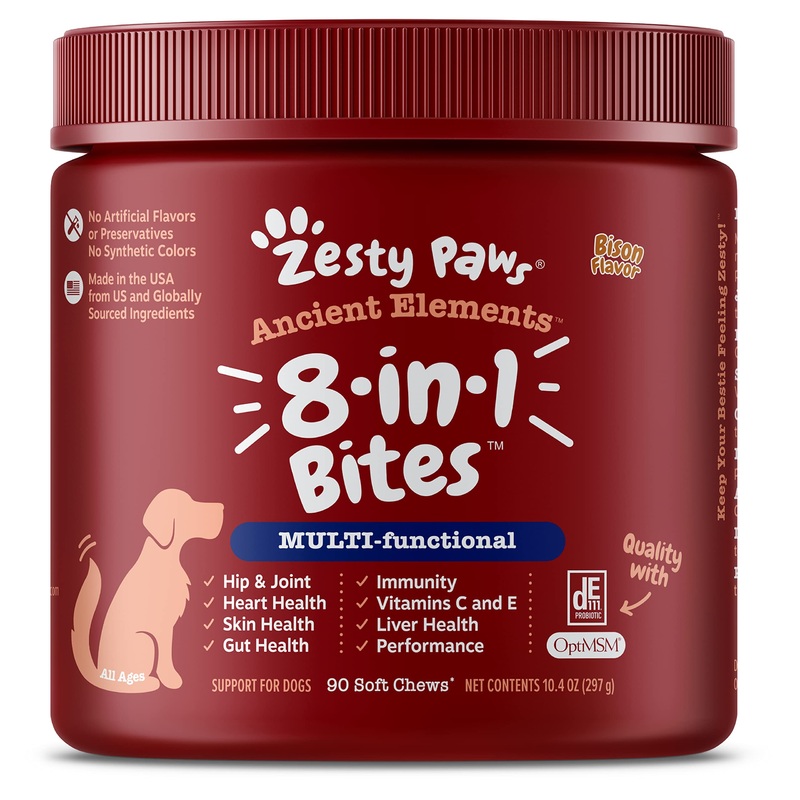 Ancient Elements 8-in-1 Bites for Dogs – Joint, Skin, Gut, Immune, Heart, Antioxidant, Performance & Liver Support – Vitamins, Glucosamine, Chondroitin, Enzymes, Probiotics & MSM – 90 Count Bison 90 Count (Pack of 1)