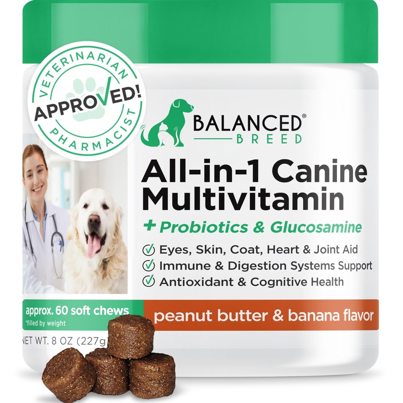 Balanced Breed All-in-1 Dog Multivitamin Supplement Made In USA NonGMO Vet-Pharmacist Approved Glucosamine Dogs Joint Support Dog Probiotic Dog Vitamins Supplements Salmon Oil Dogs Skin Coat Allergies
