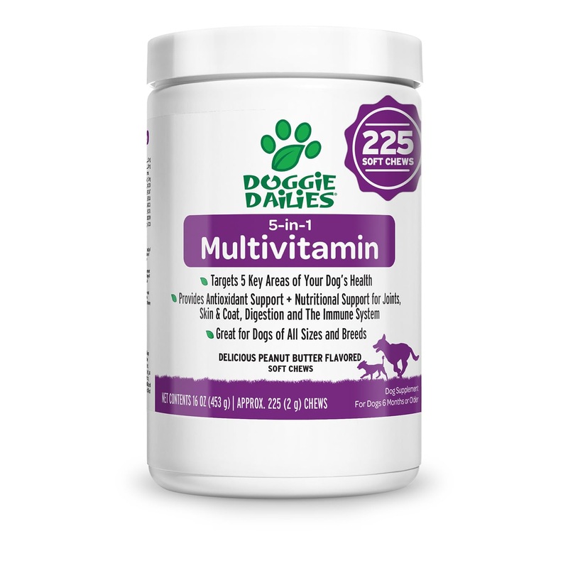 Doggie Dailies 5 in 1 Multivitamin for Dogs, 225 Soft Chews, Dog Multivitamin for Skin and Coat Health, Joint Health, Improved Digestion, Antioxidants, Support a Healthy Immune System Peanut Butter