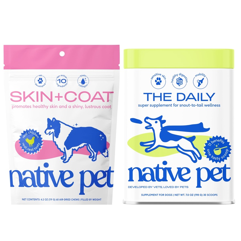 Native Pet Spring Favorites Bundle – 60 Count Dog Skin and Coat Supplement + 30 Scoops of The Daily Multivitamin Powder for Dogs