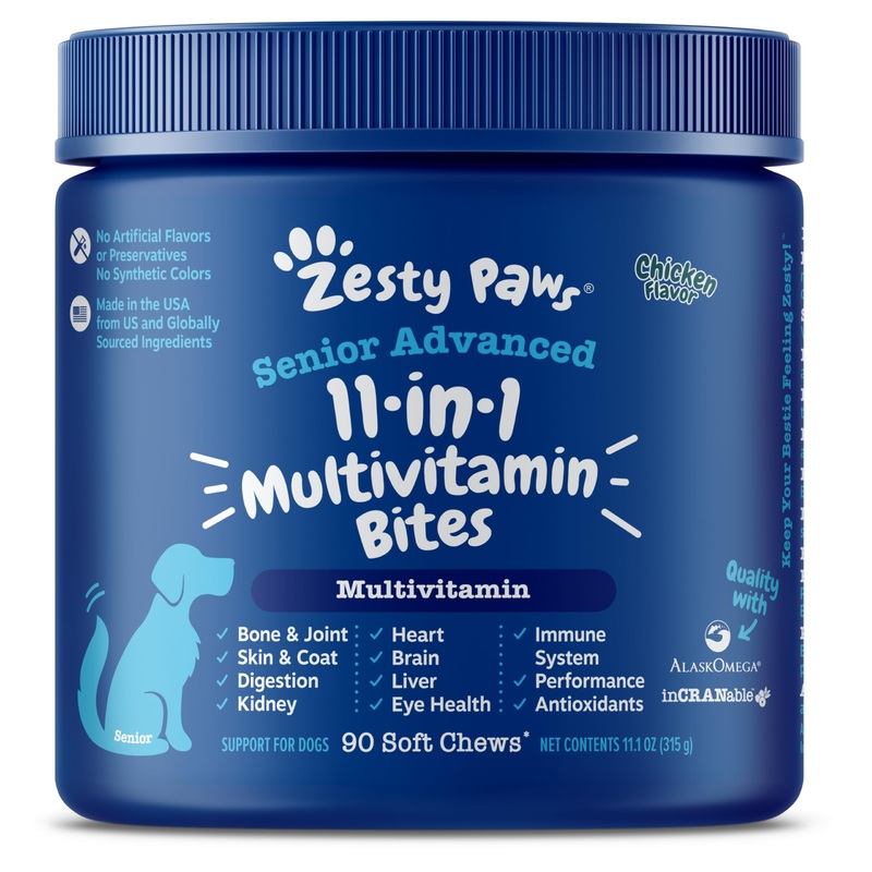Senior Advanced Multifunctional Supplement for Dogs  Glucosamine & Chondroitin for Hip & Joint Support – Psyllium & Enzymes for Gut & Immune Health  Fish Oil, Antioxidants for Skin, Heart & Brain Chicken – Advanced 90 Count (Pack of 1)