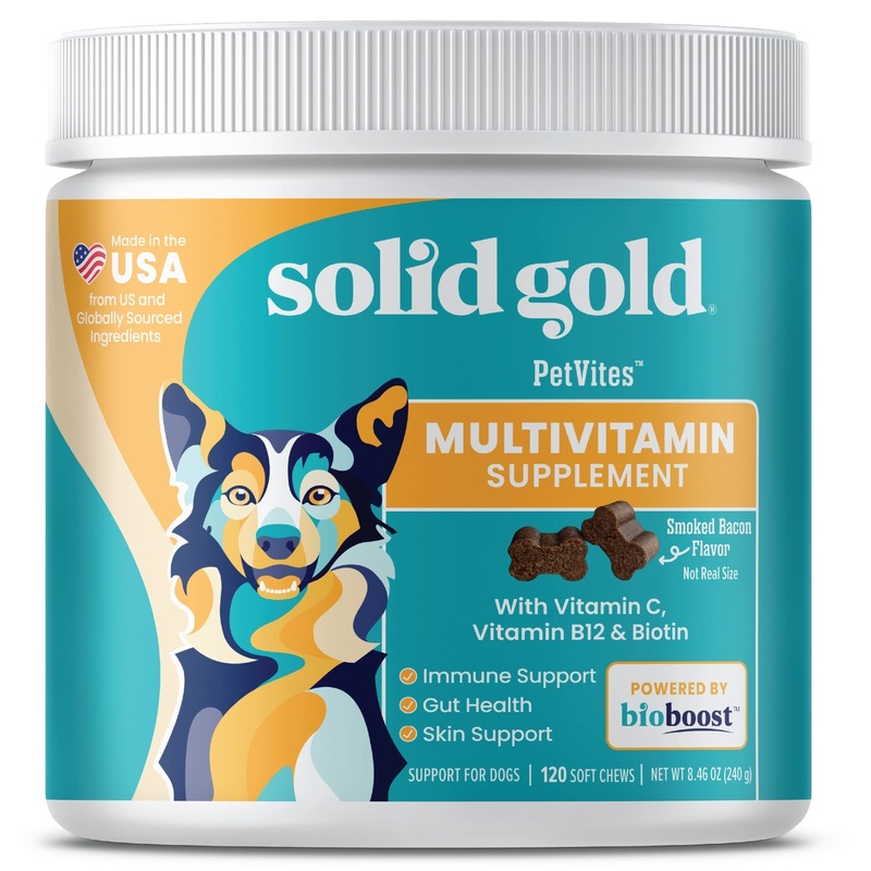 Solid Gold Dog Multivitamin – Bacon Flavored Dog Vitamins Chewable Supplement – Pumpkin & Probiotics for Digestive Support – Biotin for Healthy Skin & Coat – Vitamin C for Immune Support – 120 Count 120 Count (Pack of 1)