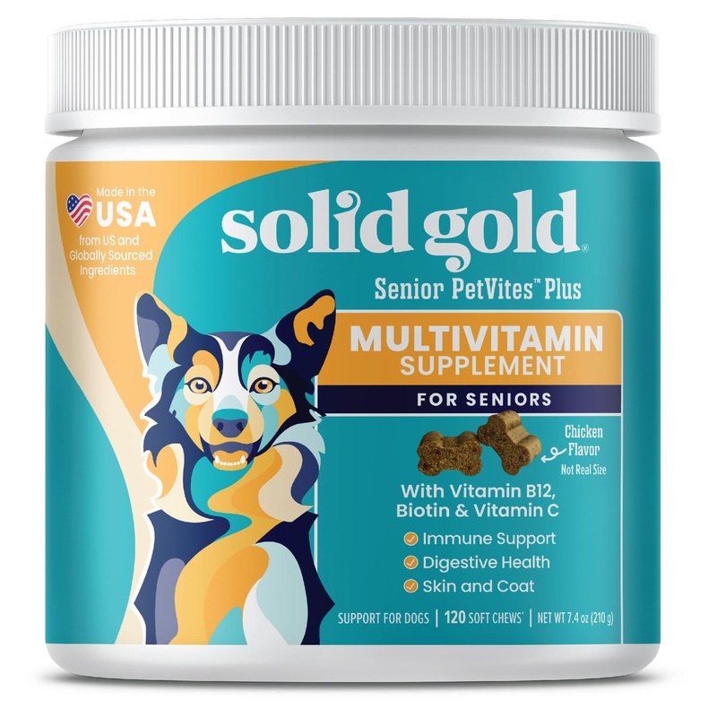 Solid Gold Senior Petvites Plus Chews Multivitamin for Dogs – Chicken Flavor – 120 ct