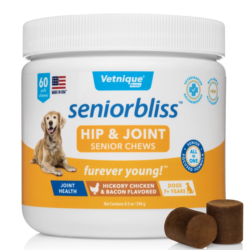 Vetnique Labs Seniorbliss Daily Dog Vitamins & Supplements Soft Chews for Hip & Joint, Allergies, and Probiotics Supports Senior Dogs – furever Young Senior Pet Allergy Relief 60ct