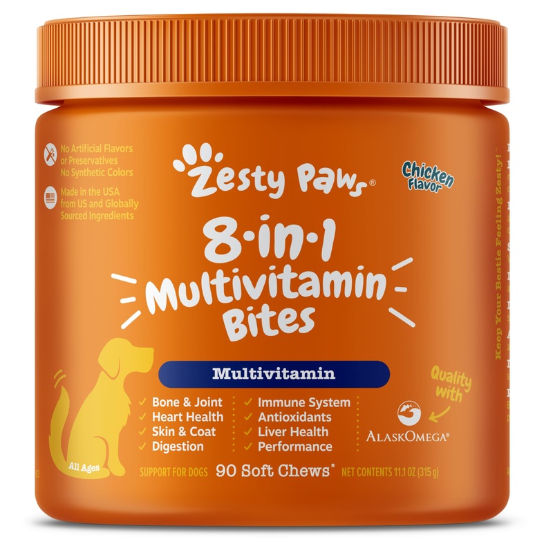 Zesty Paws Multivitamin Treats for Dogs – Glucosamine Chondroitin for Joint Support + Digestive Enzymes & Probiotics – Grain Free Dog Vitamin for Skin & Coat + Immune Health – Chicken Flavor – 90ct 90 Count (Pack of 1)