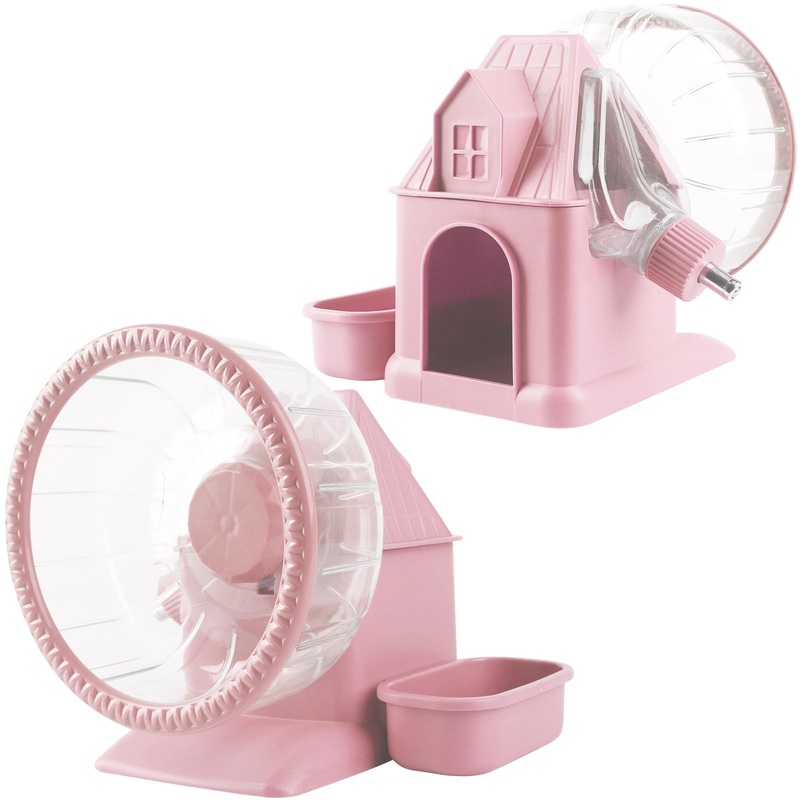 4 in 1 Silent Large Hamster Wheel Multifunctional Hamster Running Wheel Quite Running Spinner Wheel Accessories with Food Bowl Water Bottle for Hamsters Dwarf Gerbil (Pink) Pink