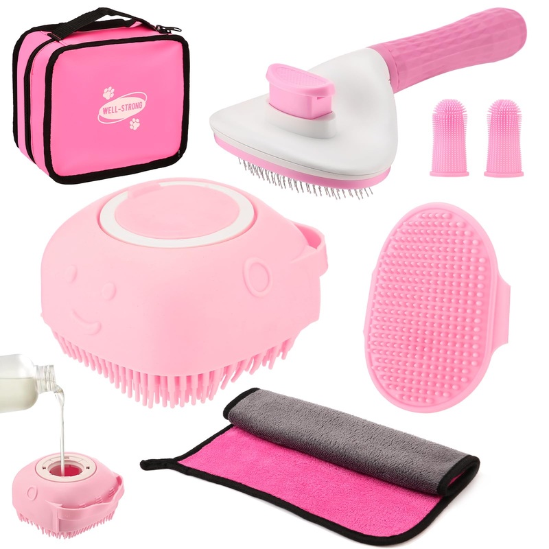 7PCS Pet Grooming Bath Brush Set Dog Shampoo Brush Dog Shower Scrubber Self Cleaning Slicker Brush for Short-haired pet Wash Towel