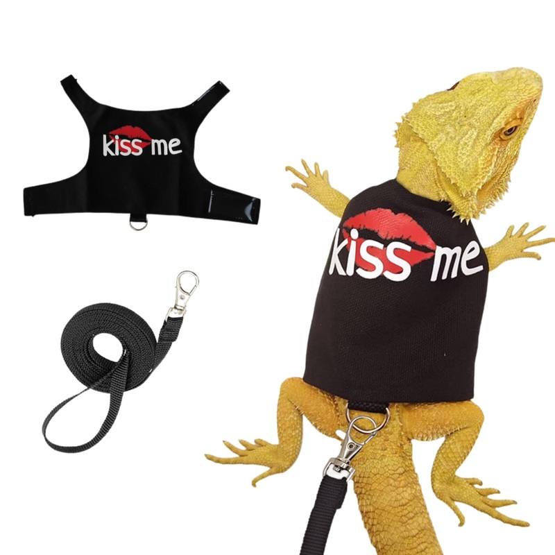 Bearded Dragon Leash and Harness Adjustable – Unique Pattern Lizard Cloth Escape Proof Harness with Leash for Walking Outdoor (Black) black