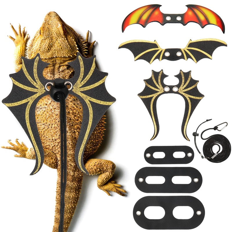 Bearded Dragon Leash and Harness Set 3 Size Cool Leather Bearded Dragon Harness Adjustable Bearded Dragon Leash 3 Pcs Bearded Dragon Wings for Reptile Safety Walking Halloween Accessories