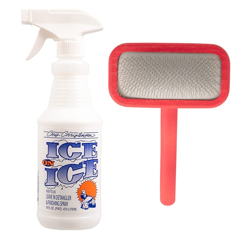 Chris Christensen Detangler & Finishing Spray + Brush Bundle: Ice on Ice Detangler – Adds Elasticity & Strength + Mark II Red Slicker Brush with Stainless Steel Pins
