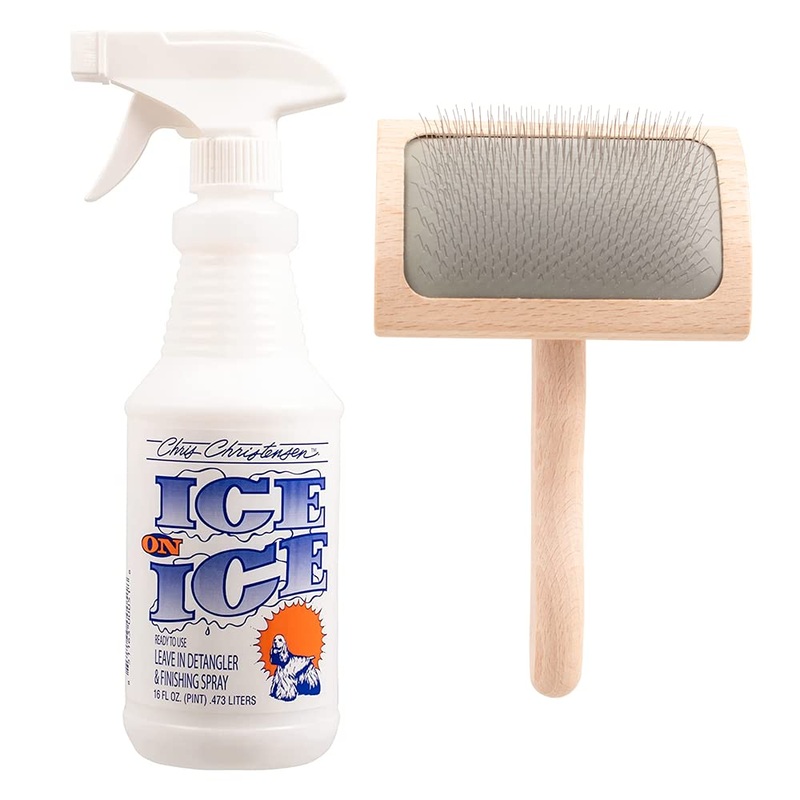 Chris Christensen Detangler & Finishing Spray with Dog Brush Bundle: Ice on Ice Detangler Adds Elasticity & Strength, Mark VI Slicker Brush – Stainless Steel Pins