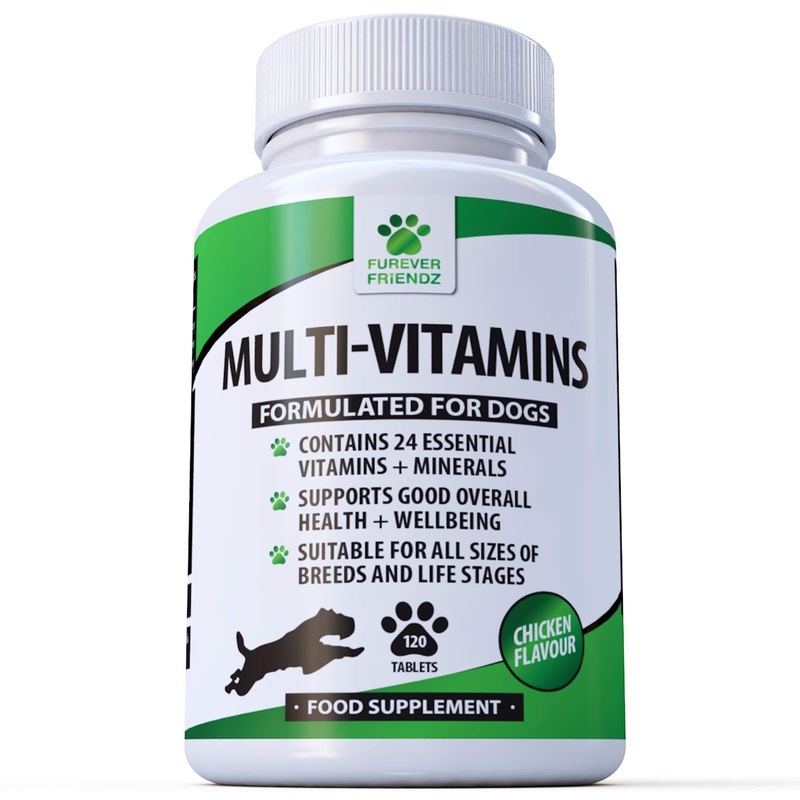 Daily Multivitamin Supplement for Dogs – 120 Chewable Chicken Flavour Tablets  24 Nutrients, Vitamins & Minerals – Helps with Brain, Heart, Eyes, Kidneys, Liver, Joint Function  Furever Friendz
